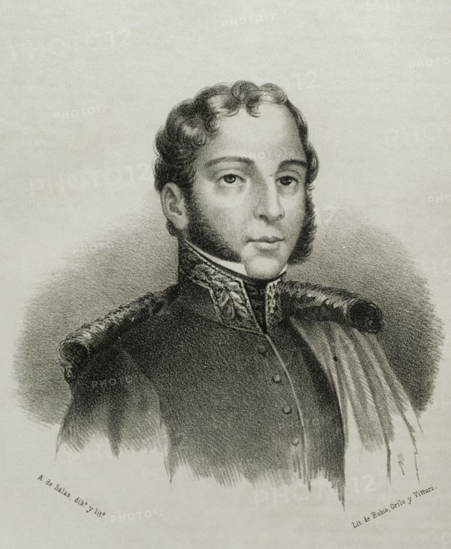 Juan Lopez Pinto (1788-1831). Spanish military officer born in Cartagena, member of the Artillery Corps. He took part in the Peninsular War. Shot with General Torrijos on the beach in Malaga. Portrait. Drawing by A. de Salas. Lithography. ""Cronica General de Espana, Historia Ilustrada y Descriptiva de sus Provincias. Andalucia"", 1869.