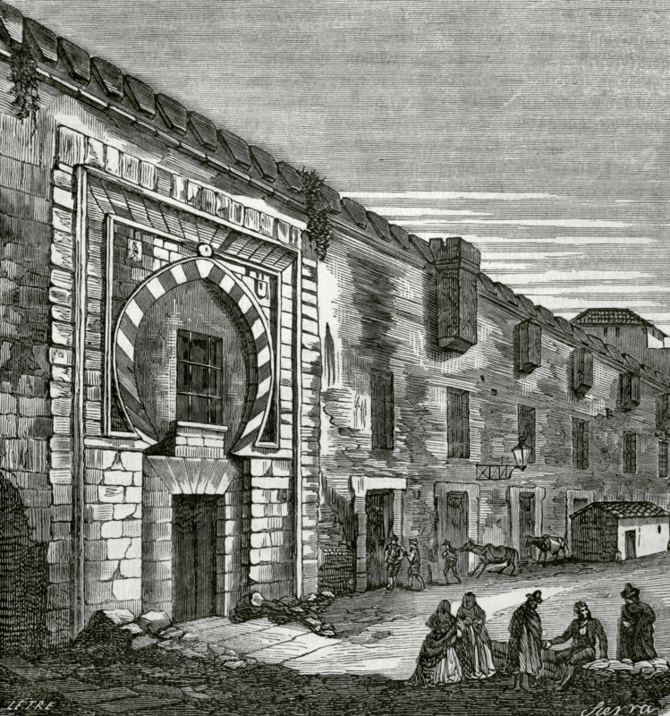 Malaga, Andalusia, Spain. View of the Atarazanas, a former Nasrid shipyard (14th century) which was used for different military functions over the years. It was demolished in 1870 to convert it into a market, although the Arabic marble door was preserved. Drawing by Letre. Engraving by Sierra. Cronica General de Espana, Historia Ilustrada y Descriptiva de sus Provincias (General Chronicle of Spain, Illustrated and Descriptive History of its Provinces), Andalucia, 1869.
