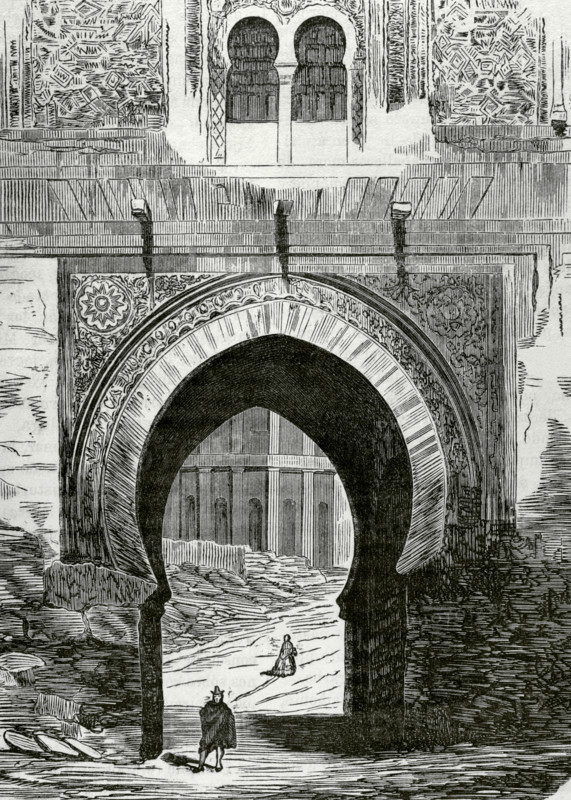 Granada, Andalusia, Spain. Puerta del Vino (Gate of Wine), inner side. Main entrance gate to the Medina of the Alhambra. Its construction is attributed to the time of the Sultan Muhammad III (1302-1309). Engraving. Cronica General de Espana, Historia Ilustrada y Descriptiva de sus Provincias (General Chronicle of Spain, Illustrated and Descriptive History of its Provinces), Andalucia, 1869.