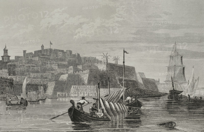 Valletta, Malta. General view of the city. Engraving. Lemaitre direxit. History of Malta and Gozo, by Frederic Lacroix. Panorama Universal, Spanish edition, printed in Barcelona, 1850.