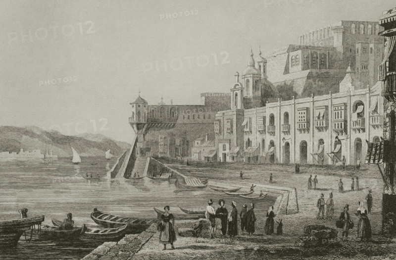 Valletta, Malta. Dock. Engraving. Lemaitre direxit. History of Malta and Gozo, by Frederic Lacroix. Panorama Universal, Spanish edition, printed in Barcelona, 1850.