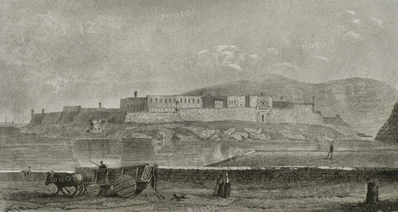 Kalkara, Malta. Fort Ricasoli. Bastioned fort built by the Order of Saint John between 1670 and 1698. It occupies a promontory known as Gallows' Point on the north shore of Rinella Bay, protecting the entrance to the Grand Harbour. Panoramic view. Engraving. Lemaitre direxit. History of Malta and Gozo, by Frederic Lacroix. Panorama Universal, Spanish edition, printed in Barcelona, 1850.