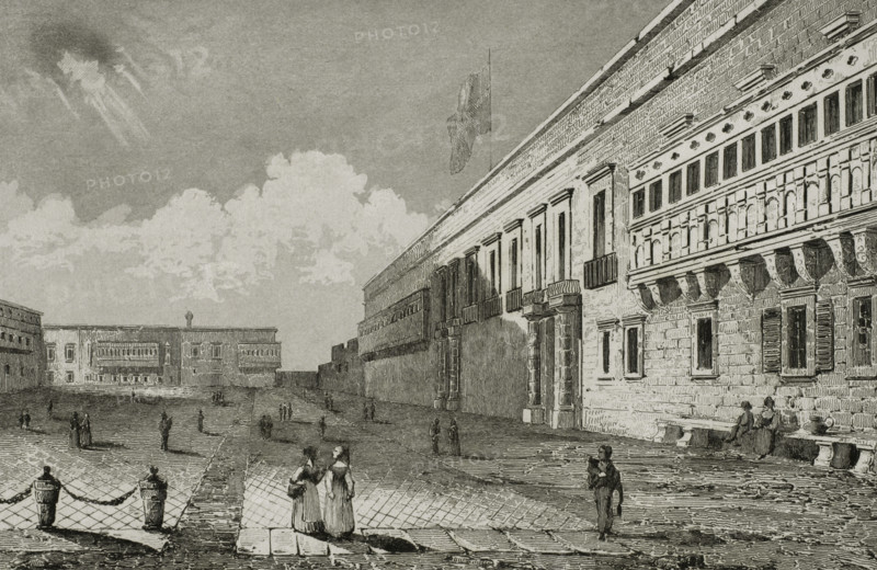 Valletta, Malta. Grandmaster's Palace. Built between the 16th and 18th centuries, it was the residence of the Grand Master of the Order of Saint John. View of the building main facade. Engraving. Lemaitre direxit. History of Malta and Gozo, by Frederic Lacroix. Panorama Universal, Spanish edition, printed in Barcelona, 1850.