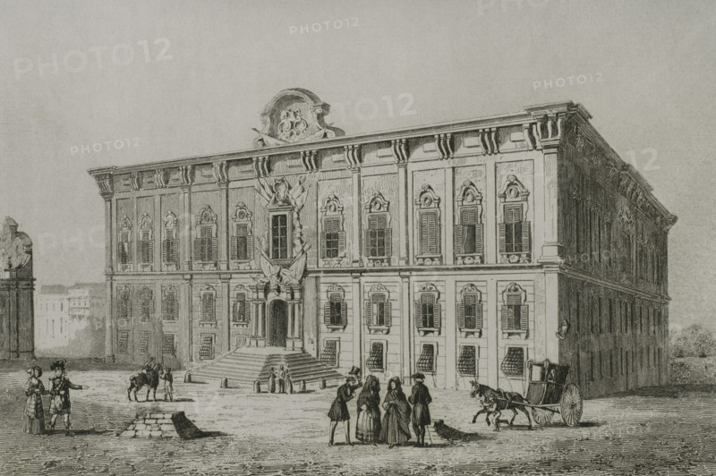 Valletta, Malta. Auberge de Castille. Building constructed in the Baroque style under the Portuguese Grand Master Manuel Pinto da Fonseca (1681-1773) in the 1740s. It replaced a 1574 building erected to house knights of the Order of Saint John from the langue of Castile, Leon and Portugal. Engraving. Lemaitre direxit. History of Malta and Gozo, by Frederic Lacroix. Panorama Universal, Spanish edition, printed in Barcelona, 1850.