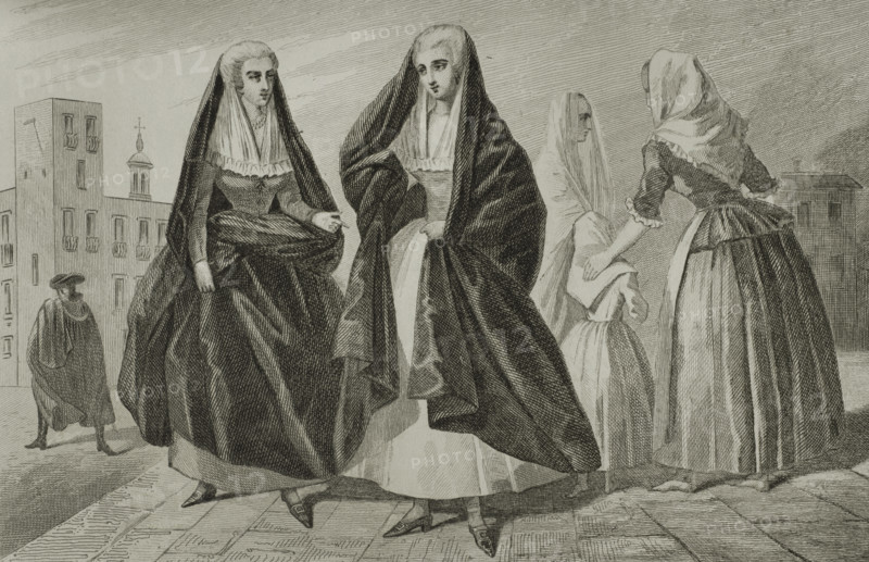 Malta. Women in 18th century traditional costumes. Engraving. Lemaitre direxit. History of Malta and Gozo, by Frederic Lacroix. Panorama Universal, Spanish edition, printed in Barcelona, 1850.