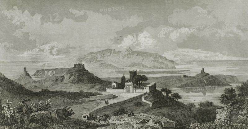 Island of Gozo, Malta. Panoramic view of the landscape. Engraving. Lemaitre direxit. History of Malta and Gozo, by Frederic Lacroix. Panorama Universal, Spanish edition, printed in Barcelona, 1850.