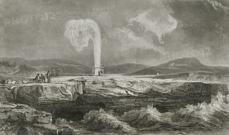 Malta. Ghar il-Qamh, island of Gozo. Clockmaker's Salt pans. Water jet. Engraving. Lemaitre direxit. History of Malta and Gozo, by Frederic Lacroix. Panorama Universal, Spanish edition, printed in Barcelona, 1850.