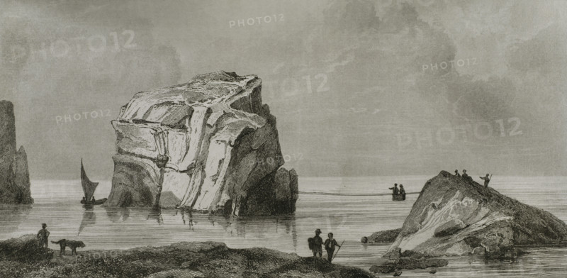 Malta. Dwejra, island of Gozo. Mushroom Rock (Fungus Rock). Engraving. Lemaitre direxit. History of Malta and Gozo, by Frederic Lacroix. Panorama Universal, Spanish edition, printed in Barcelona, 1850.