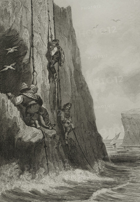 Island of Gozo, Malta. Fishermen on the cliffs. Engraving. Lemaitre direxit. History of Malta and Gozo, by Frederic Lacroix. Panorama Universal, Spanish edition, printed in Barcelona, 1850.