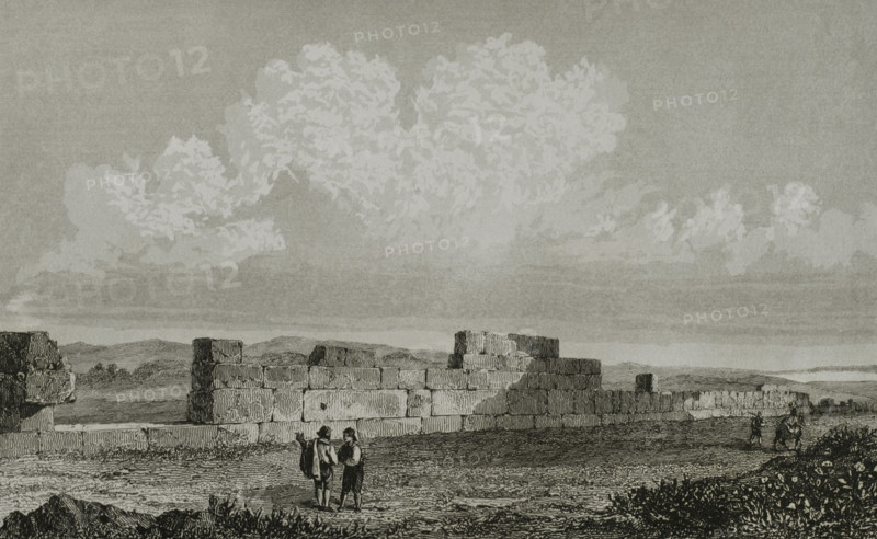 Malta. Ruins of the temple of Hercules near Marsaxlokk. Engraving. Lemaitre direxit. History of Malta and Gozo, by Frederic Lacroix. Panorama Universal, Spanish edition, printed in Barcelona, 1850.
