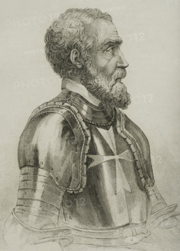 Jean de Valette (Jean Parisot de Valette) (c. 1494-1568). French nobleman and Grand Master of the Order of Malta. Portrait. Engraving. Lemaitre direxit. History of Malta and Gozo, by Frederic Lacroix. Panorama Universal, Spanish edition, printed in Barcelona, 1850.