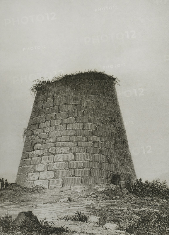 Sardinia. Nuraghe, megalithic building. Drawing by Vormser. Engraving by A. Kinnewel. Lemaitre direxit. History of Malta and Gozo, by Frederic Lacroix. Panorama Universal, Spanish edition, printed in Barcelona, 1850.