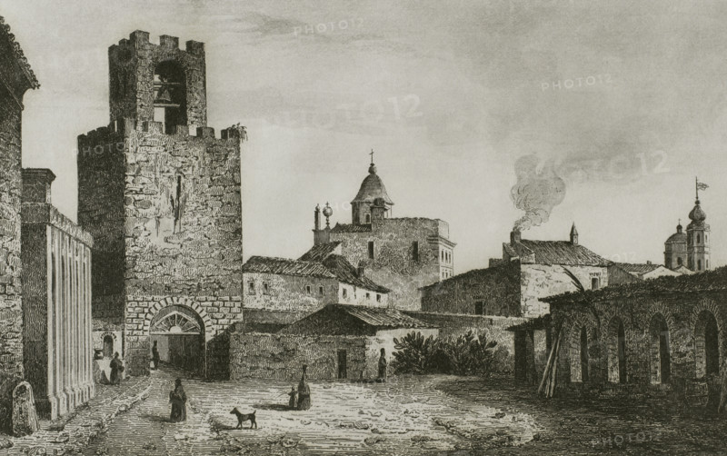 Sardinia. Oristano. Torre di San Cristoforo (Tower of St. Christophoros), erected in 1290. It was one of the entrance gates to the town in medieval times. Drawing by Vormser. Engraving by Lalaisse. Lemaitre direxit. History of Malta and Gozo, by Frederic Lacroix. Panorama Universal, Spanish edition, printed in Barcelona, 1850.