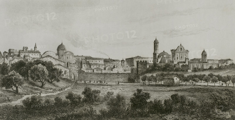 Sardinia. Sassari. General view of the city. Drawing by Vormser. Engraving by Lalaisse. Lemaitre direxit. History of Malta and Gozo, by Frederic Lacroix. Panorama Universal, Spanish edition, printed in Barcelona, 1850.