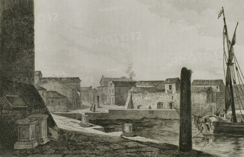 Sardinia. Porto Torres (Posthudorra). View of the town. Drawing by Vormser. Engraving by Traversier. Lemaitre direxit. History of Malta and Gozo, by Frederic Lacroix. Panorama Universal, Spanish edition, printed in Barcelona, 1850.
