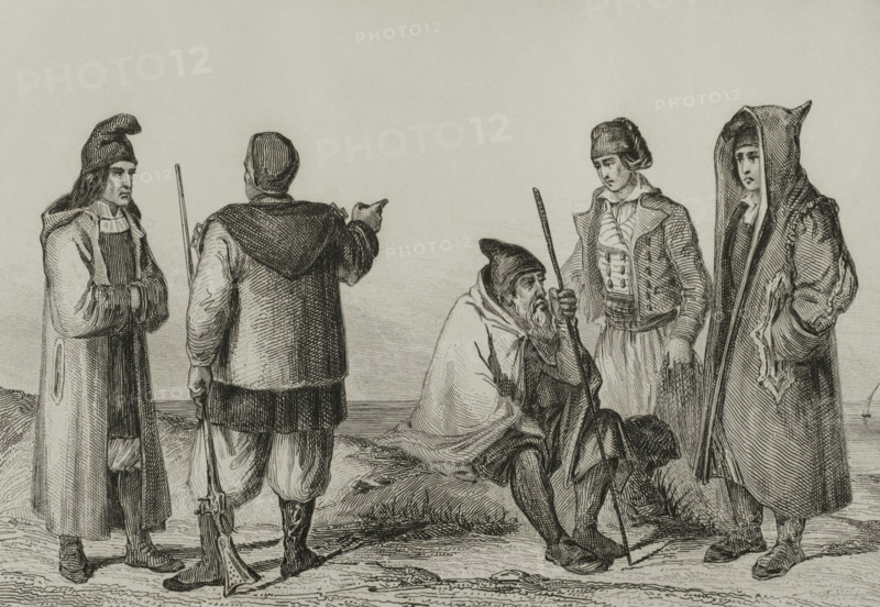 Sardinia. Sardinian traditional costumes. Engraving by Chaillot. Lemaitre direxit. History of Malta and Gozo, by Frederic Lacroix. Panorama Universal, Spanish edition, printed in Barcelona, 1850.