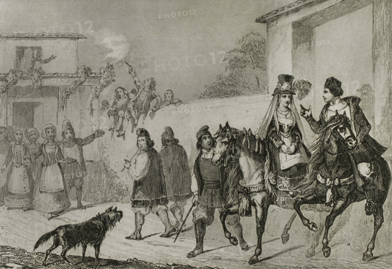 Sardinia. Sardinian weddings. Engraving by Chaillot. Lemaitre direxit. History of Malta and Gozo, by Frederic Lacroix. Panorama Universal, Spanish edition, printed in Barcelona, 1850.