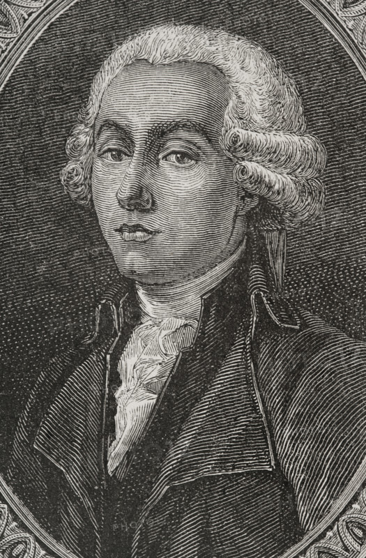 Adrien Duport (Adrien Jean-Francois Duport) (1759-1798). French magistrate. Prominent constitutional monarchist during the first stages of the French Revolution of 1789. Portrait. Drawing by Hippolyte de la Charlerie. Engraving by Pannemaker. ""History of the French Revolution"". Volume I, 1876.