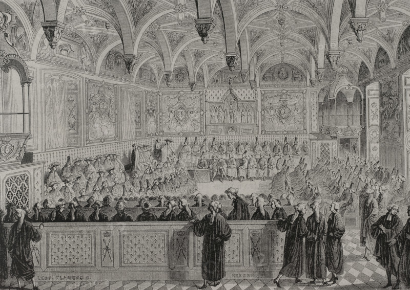 History of France. Extraordinary session of the Parlement of Paris, presided over by King Louis XVI (1754-1793) at the Palais de Justice, 19 November 1787. The royal treasury was on the verge of bankruptcy. The king tried to convince the parliamentarians of the need to put an end to the exemption of the nobility and the clergy from land tax. His attempt failed, and they continued to fail to implement the reforms. Engraving. ""History of the French Revolution"". Volume I, 1876.