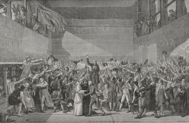 French Revolution. Tennis Court Oath (20 June 1789). Solemn pledge of union with the aim of putting an end to the Ancien regime. It took place in a tennis court (Jeu de Paume) at Versailles by 578 French deputies. Convened there as part of the Estates General of 1789, they were overwhelmingly members of the Third Estate, with some representatives of the clergy and nobility. Engraving. ""History of the French Revolution"". Volume I, 1876.