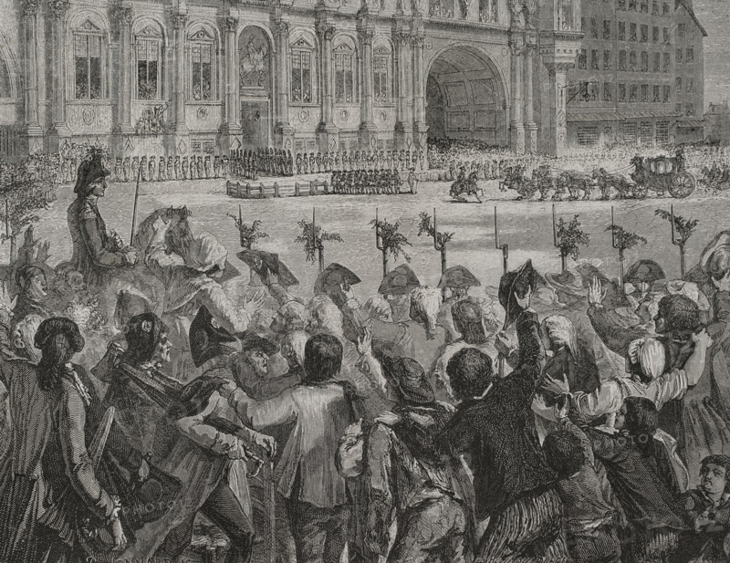French Revolution. King Louis XVI (1754-1793) arriving at the town hall of Paris on 17 July 1789. The King visited Paris on that date and was welcomed at the Hotel de Ville by Lafayette and Jean Sylvain Bailly (1736-1793), who had been appointed Mayor of Paris on 15 July. Sensing the events that were about to unfold, several prominent members of the nobility, including the Count of Artois, the Prince of Conde, the Baron de Breteuil, the Duke of Enghien, the Duke of Broglie, the Duke of Polignac and his wife, were the first to leave France. Drawing by Jonnard. Engraving by Pannemaker. ""History of the French Revolution"". Volume I, 1876.