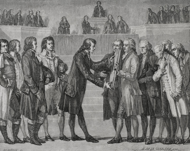 French Revolution. French Constitution of 1791. It was the first written constitution in France, established after the collapse of the absolute monarchy of the Ancien Regime. It enacted popular sovereignty. King Louis XVI (1754-1793) swearing on the Book of the Constitution before the National Assembly, 14 September 1791. Drawing by Hippolyte de la Charlerie. Engraving by Blanpain. ""History of the French Revolution"". Volume I, 1876.