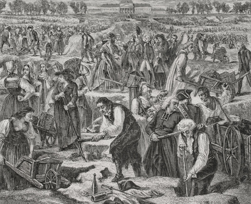 History of France. Fete de la Federation (Festival of the Federation). Commemoration of the first anniversary of the Storming of the Bastille, symbol of the beginning of the French Revolution. Paris, Champ de Mars, 14 July 1790. Work on the Champ de Mars for the celebration of the event. On 1 July 1790, more than a thousand volunteer workers began excavation work on the location chosen for the staging of the ceremony. The Champ de Mars was to be transformed into a circus with a capacity of 100,000 spectators, at the centre of which the altar of the Fatherland was to be erected. Workers from the suburb of Saint-Antoine mingled with the nobles, and monks with the bourgeoisie. To encourage the Parisians to carry out the work in the poor conditions, King Louis XVI came from Saint-Cloud and struck a blow with a pickaxe. La Fayette, in his shirtsleeves, worked like any other labourer. Drawing by Hippolyte de la Charlerie. Engraving by Laplante. ""History of the French Revolution"". Volume I,...