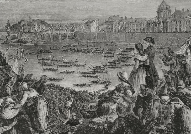 History of France. Fete de la Federation (Festival of the Federation). Commemoration of the first anniversary of the Storming of the Bastille, symbol of the beginning of the French Revolution. Paris, Champ de Mars, 14 July 1790. Regattas held on the Seine on 18 July 1790 on the occasion of the feast of the Grand Federation. Drawing by Hippolyte de la Charlerie. Engraving by Jahyer. ""History of the French Revolution"". Volume I, 1876.