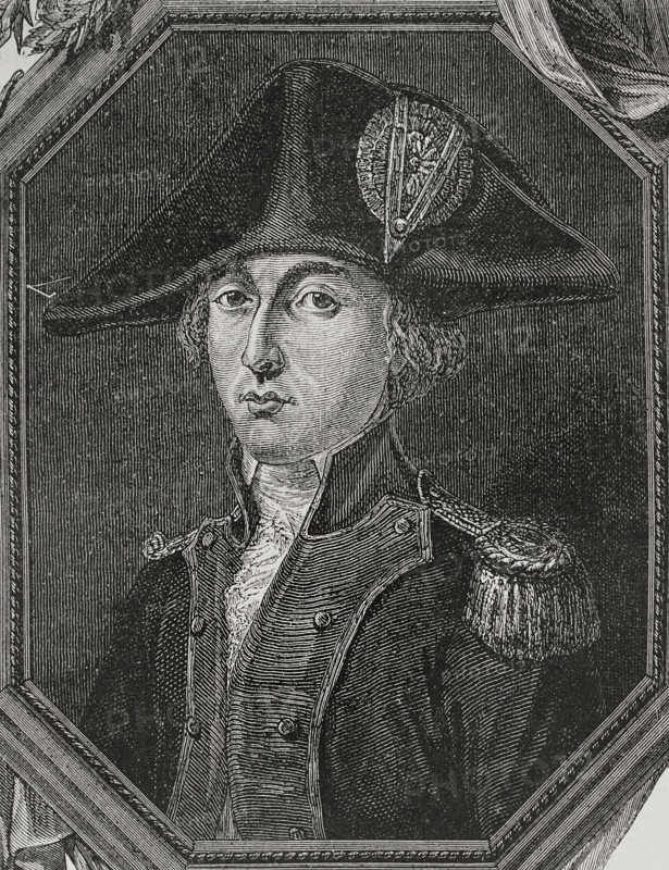 Andre Desilles (1767-1790). Junior French military officer during the early stages of the French Revolution. He died heroically as a result of wounds suffered in the Nancy affair (31 August 1790). Portrait. Engraving. ""History of the French Revolution"". Volume I, 1876.