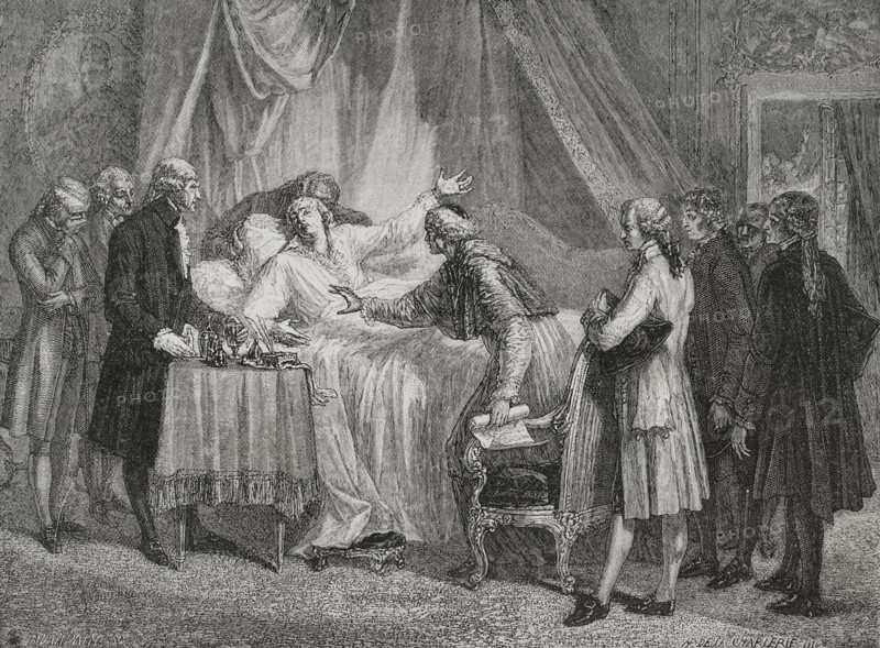 Honore-Gabriel Riqueti, comte de Mirabeau (1749-1791). French politician, leader of the early stages of the French Revolution. Death of Mirabeau, 2 April 1791. Drawing by Hippolyte de la Charlerie. Engraving by Blanpain. ""History of the French Revolution"". Volume I, 1876.