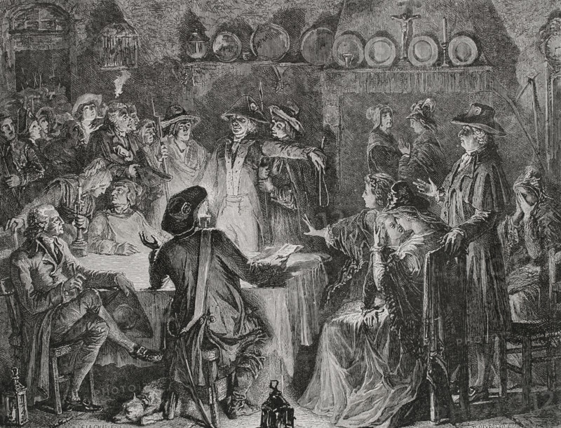 French Revolution. Flight to Varennes (20-21 June 1791). Arrest of King Louis XVI (1754-1793) and his family at Varennes on 21 June 1791, as he tried to reach the Royalist stronghold of Montmedy. Drawing by Hippolyte de la Charlerie. Engraving by T. Meyer-Heine. ""History of the French Revolution"". Volume I, 1876.