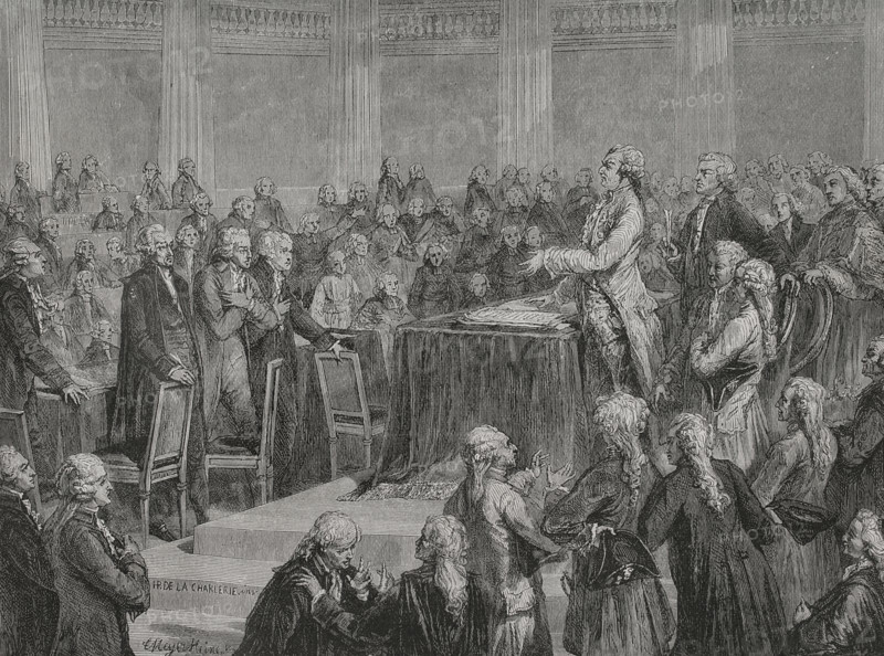 French Revolution. French Constitution of 1791. It was the first written constitution in France, established after the collapse of the absolute monarchy of the Ancien Regime. It enacted popular sovereignty. King Louis XVI (1754-1793) accepting and swearing the Constitution before the National Assembly, 14 September 1791. Drawing by Hippolyte de la Charlerie. Engraving by Meyer-Heine. ""History of the French Revolution"". Volume I, 1876.