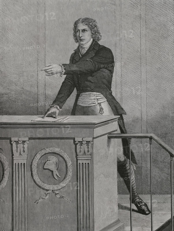 Louis de Saint-Just (Louis Antoine de Saint-Just) (1767-1794). French revolutionary politician, sometimes called the ""Archangel of Terror"". Deputy to the National Convention (20 September 1792 to 27 July 1794). He presided over the Convention from 19 February to 6 March 1794. Member of the Committee of Public Safety. Saint-Just died by guillotine after the arrests and trials following the days of the 9t and 10 Thermidor year II (27th and 28th July 1794). Louis de Saint-Just at the Convention. Engraving. ""History of the French Revolution"". Volume I, part 2, 1879.