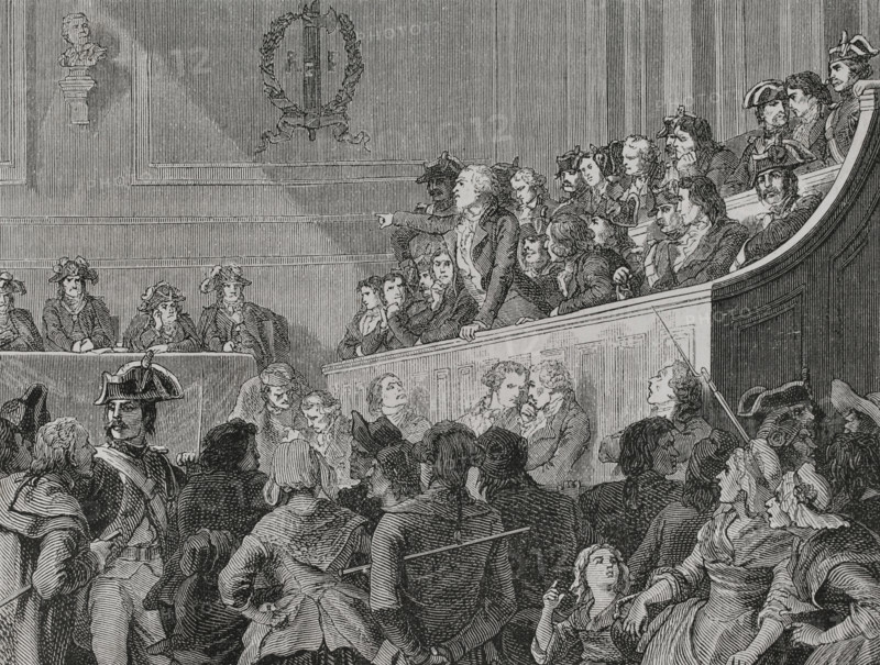 Georges Danton (Georges Jacques Danton) (1759-1794). French lawyer and politician in the French Revolution, one of the first leaders of the Jacobin Club. In March 1793 Danton participated in the creation of the Revolutionary Tribunal. He died at the guillotine on 5 April 1794, accused of being an ""enemy of the Republic"". From 2 to 4 April 1794, Danton was tried before the Revolutionary Tribunal. Danton appealed to the court about his patriotism and the injustice of his trial until he was ordered to remain silent. He was condemned to the guillotine and executed on 5 April. Danton and his companions at the Revolutionary Tribunal. Engraving. ""History of the French Revolution"". Volume I, part 2, 1879.
