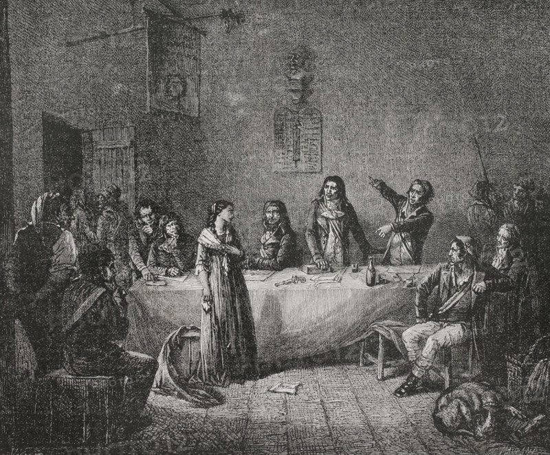 Cecile Renault (Cecile-Aimee Renault) (1774-1794). Young French royalist, accused of attempting to assassinate Maximilien Robespierre during the Reign of Terror. She was condemned to death and guillotined in Paris, along with members of her family, on 17 June 1794 (29 prairial year II). Cecile Renault before the Revolutionary Tribunal. Engraving. ""History of the French Revolution"". Volume I, part 2, 1879.
