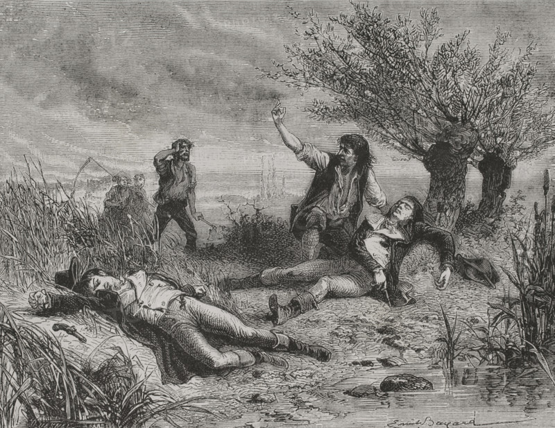 French Revolution. Finding of the corpses of Francois Buzot (1760-1794) and Jerome Petion de Villeneuve (1756-1794), French politicians who fled after being outlawed by the Girondins on 2 June 1793. Saint-Magne-de-Castillon, Gironde (France), 18 June 1794. Drawing by Emile Bayard. Engraving by Quesnel. ""History of the French Revolution"". Volume I, part 2, 1879.