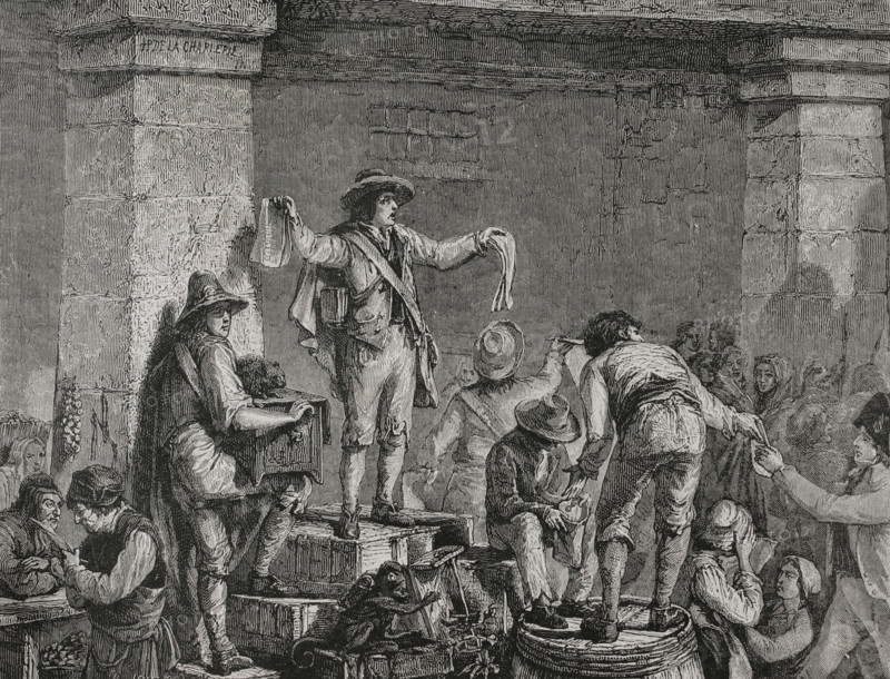 French Revolution. Reign of Terror (September 1793 to July 1794). The list of winners of the Loterie de la Sainte Guillotine (lottery of Sainte-Guillotine). Engraving by Jonnard. ""History of the French Revolution"". Volume I, part 2, 1879.