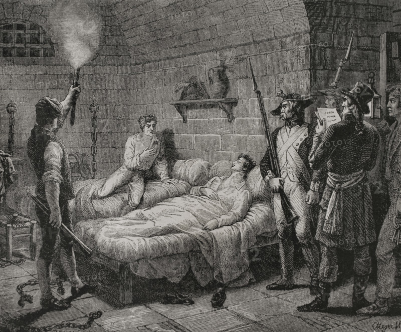 French Revolution. 8 Thermidor Year II (July 26, 1794). Jean Simon Loizerolles (1733-1794) gave himself up to be executed in place of his son, Francois Simon Aved de Loizerolles (1772-1845), while he was deeply asleep in his cell, in Saint Lazare prison, when the guards went to take him. Drawing by Renaud. Engraving by Meyer. ""History of the French Revolution"". Volume I, part 2, 1879.