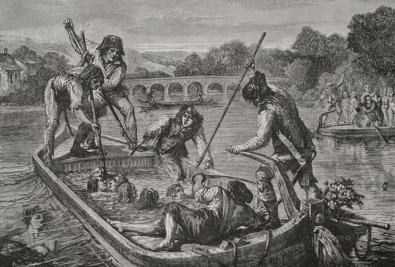 French Revolution. Mass executions by drowning during the Reign of Terror in Nantes, France. They took place between November 1793 and February 1794. Anyone arrested and imprisoned for consistently failing to support the Revolution, or suspected of being a royalist sympathizer, especially Catholic priests and nuns, was thrown into the Loire River and drowned on the orders of Jean-Baptiste Carrier, the representative-on-mission in Nantes. Drawing by H. de la Charlerie. Engraving. ""History of the French Revolution"". Volume I, part 2, 1879.