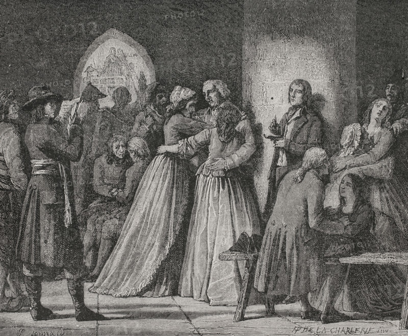French Revolution. Reign of Terror (1793-1794). Appeal to those condemned to death, 1794. Drawing by Hippolyte de la Charlerie. Engraving by Jonnard. ""History of the French Revolution"". Volume I, part 2, 1879.