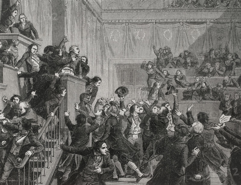 French  Revolution.  Thermidorian Reaction. The Coup of 9 Thermidor Year II. On 27 July 1794, Robespierre pronounced his speech at the National Convention under the shouts of the Thermidorians. The 9 Thermidor at the Convention. Engraving. ""History of the French Revolution"". Volume I, part 2, 1879.
