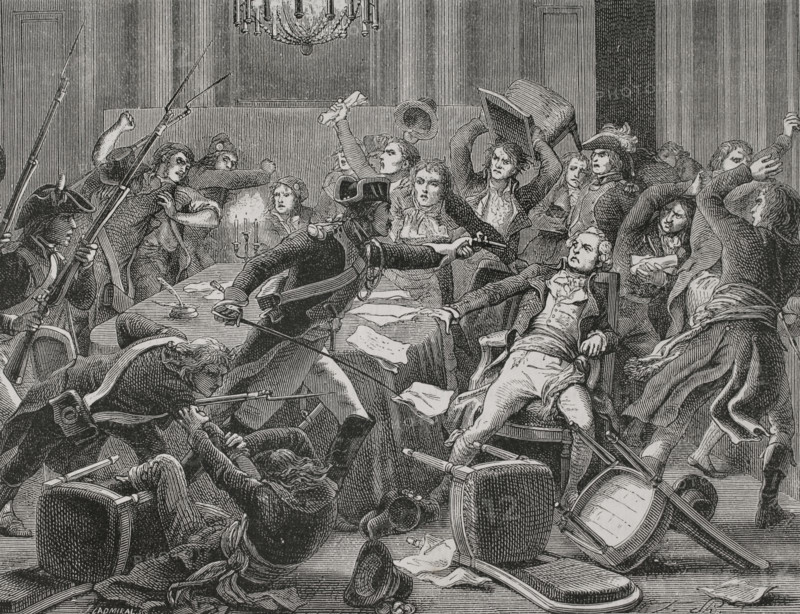 Maximilien Robespierre (1758-1794). French writer, lawyer and politician. Arrest of Robespierre and his followers gathered at the Hotel-de-Ville in Paris on 9 Thermidor Year II (27 July 1794). Engraving by J. Ladmiral. ""History of the French Revolution"". Volume I, part 2, 1879.