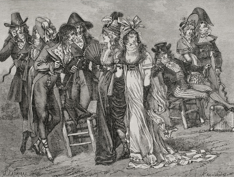 French Revolution. Incroyables and merveilleuses in Paris, between 1794 and 1796. Drawing by A. Ferdinandus. Engraving by J. Ladmiral. ""History of the French Revolution"". Volume I, part 2, 1879.