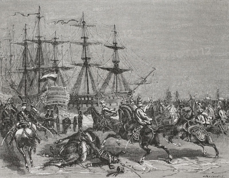 French Revolutionary Wars. First Coalition (1792-1797). Capture of the Dutch fleet at Den Helder, January 21, 1795. General Jean-Guillaume de Winter (1761-1812), commanding French troops composed of a squadron of the 8th Hussar Regiment and infantry troops, assaulted the Dutch fleet which was blockaded in the ice. Drawing by A. Ferdinandus. Engraving. ""History of the French Revolution"". Volume I, part 2, 1879.