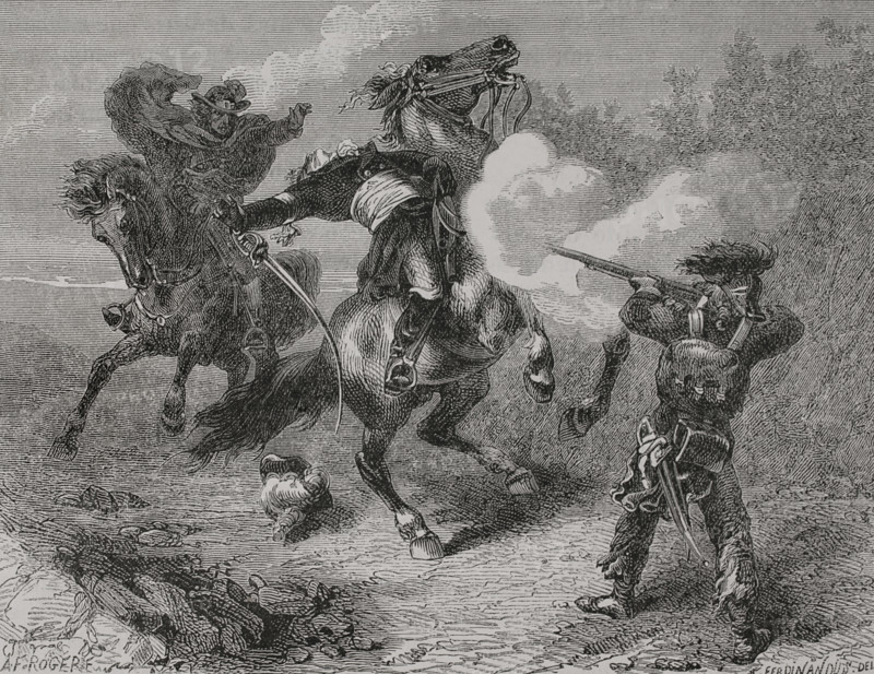 Henri de la Rochejaquelein (1772-1794). General of the Catholic and Royal Army of Vendee. Death of La Rochejaquelein near Nuaille, 28 January 1794. On a reconnaissance mission, he encountered two Republican soldiers who pretended to surrender to him, but then shot him in the forehead. Drawing by A. Ferdinandus. Engraving. ""History of the French Revolution"". Volume I, part 2, 1879.