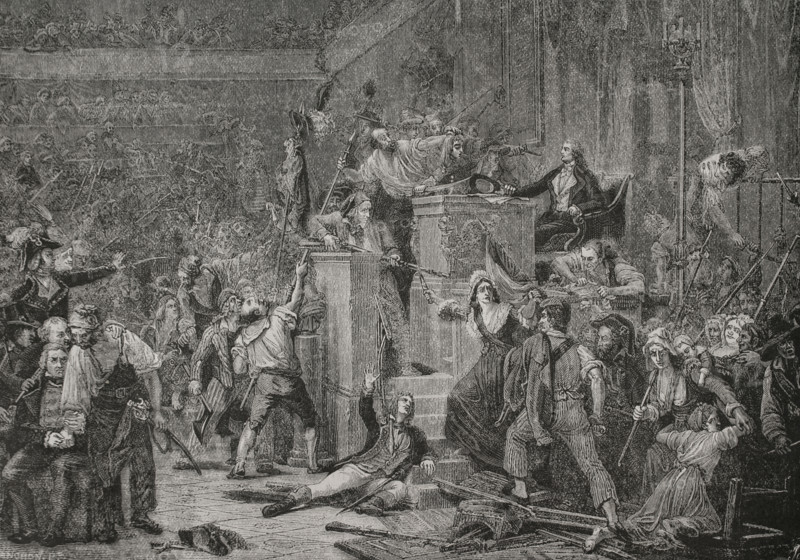 French Revolution. Revolt of 1 Prairial Year III. Popular revolt in Paris on 20 May 1795 against the policies of the Thermidorian Convention. A mob stormed the Convention demanding bread. The deputy Jean-Bertrand Feraud (1759-1795), in charge of supplies in Paris, tried to hold back the crowd while waiting for the National Guard to arrive, but a woman shot him, killing him on the spot. The enraged crowd cut off Feraud's head, nailing it to a pike and carrying it to the Convention chamber. A man in his fifties named Jean Tinelle raised it in front of the President, Theodore Vernier. Assassination of Deputy Feraud in the Convention. Engraving by Jonnard. ""History of the French Revolution"". Volume I, part 2, 1879.