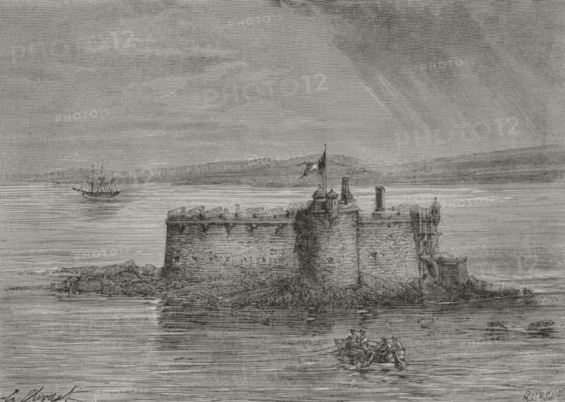History of France. Chateau du Taureau. Located in the village of Plouezoc'h, in the bay of Morlaix in the department of Finistere in Brittany. The fort was built between 1690 and 1745 on a rocky islet in the open sea. Engraving. ""History of the French Revolution"". Volume I, part 2, 1879.