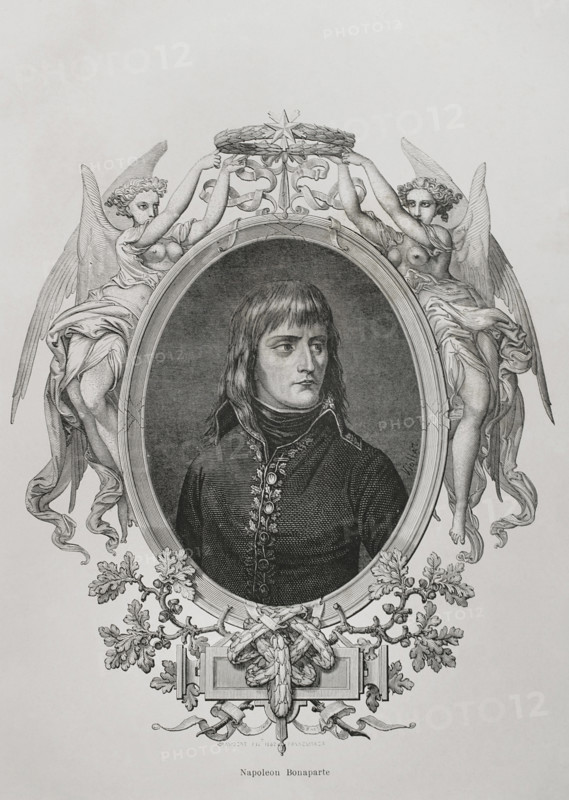Napoleon I Bonaparte (1769-1821). Consul for Life (1802) and Emperor of the French (1804-1815). Portrait. Drawing by Viollat. Engraving by Pannemaker. ""History of the French Revolution"". Volume I, part 2, 1879.