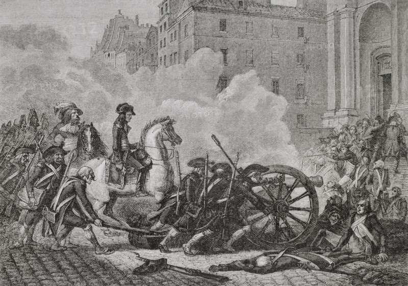 French Revolution. 13 Vendemiaire Year IV (5 October 1795). Royalist insurrection in Paris against the anti-monarchist policies of the Thermidorian Reaction. It was suppressed and quelled by French Republican troops commanded by General Napoleon Bonaparte (1769-1821). Napoleon crushing the royalist rebellion in front of the Church of Saint-Roch in Paris. Drawing by Renaud. Engraving by Jonnard. ""History of the French Revolution"". Volume I, part 2, 1879.