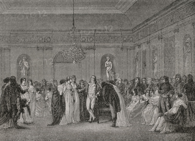 Teresa Cabarrus (Juana Maria Ignacia Teresa Cabarrus Galambert), known as Madame Tallien (1773-1835). Spanish lady, mistress and later wife of the French politician Jean-Lambert Tallien (1767-1820). The Salon of Madame Tallien, 1795. An evening party in revolutionary Paris. Engraving by Gusman. ""History of the French Revolution"". Volume I, part 2, 1879.